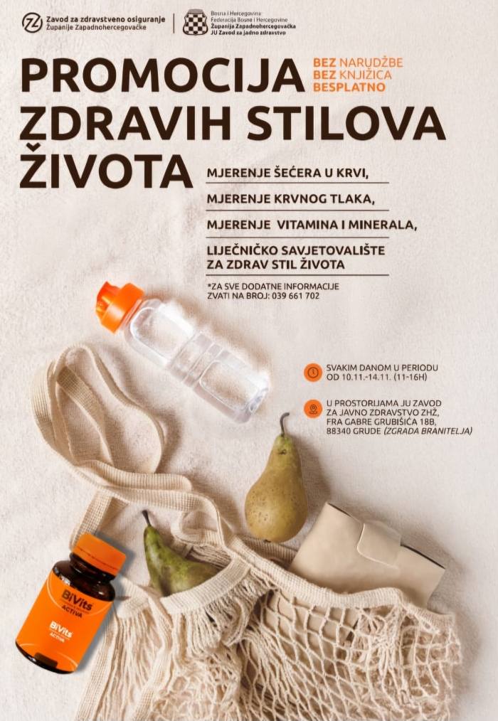 POZIV STANOVNIŠTVU ŽZH – PROMOCIJA ZDRAVIH STILOVA ŽIVOTA – mjerenje šećera u krvi, krvnog tlaka, vitamina i minerala i liječničko savjetovalište za zdravi stil života